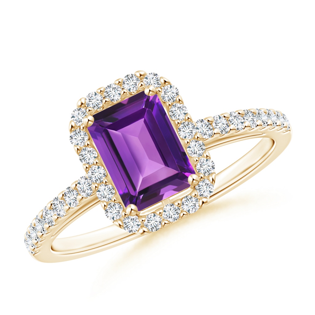 7x5mm AAAA Emerald-Cut Amethyst Halo Ring in Yellow Gold