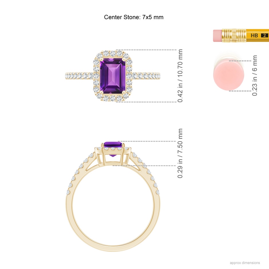 7x5mm AAAA Emerald-Cut Amethyst Halo Ring in Yellow Gold ruler