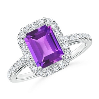8x6mm AAA Emerald-Cut Amethyst Halo Ring in White Gold
