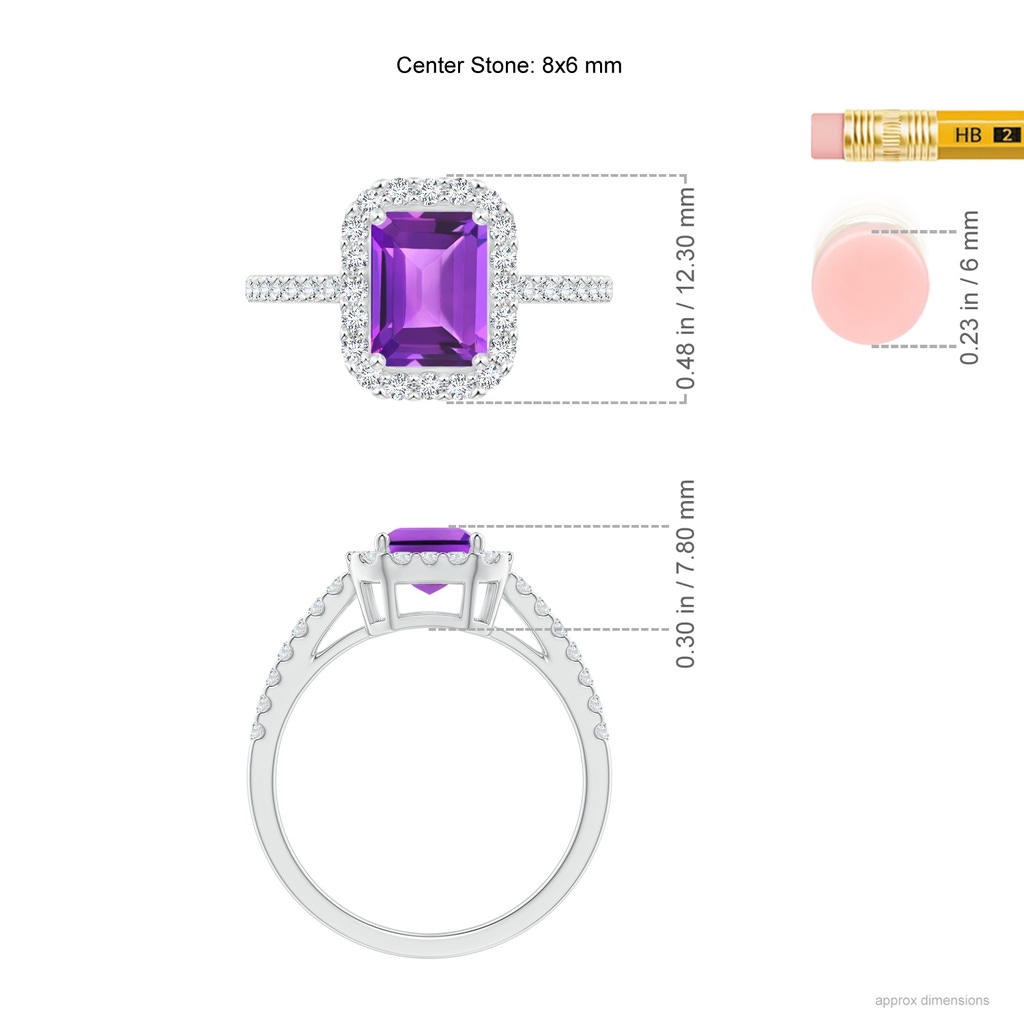 8x6mm AAA Emerald-Cut Amethyst Halo Ring in White Gold Ruler