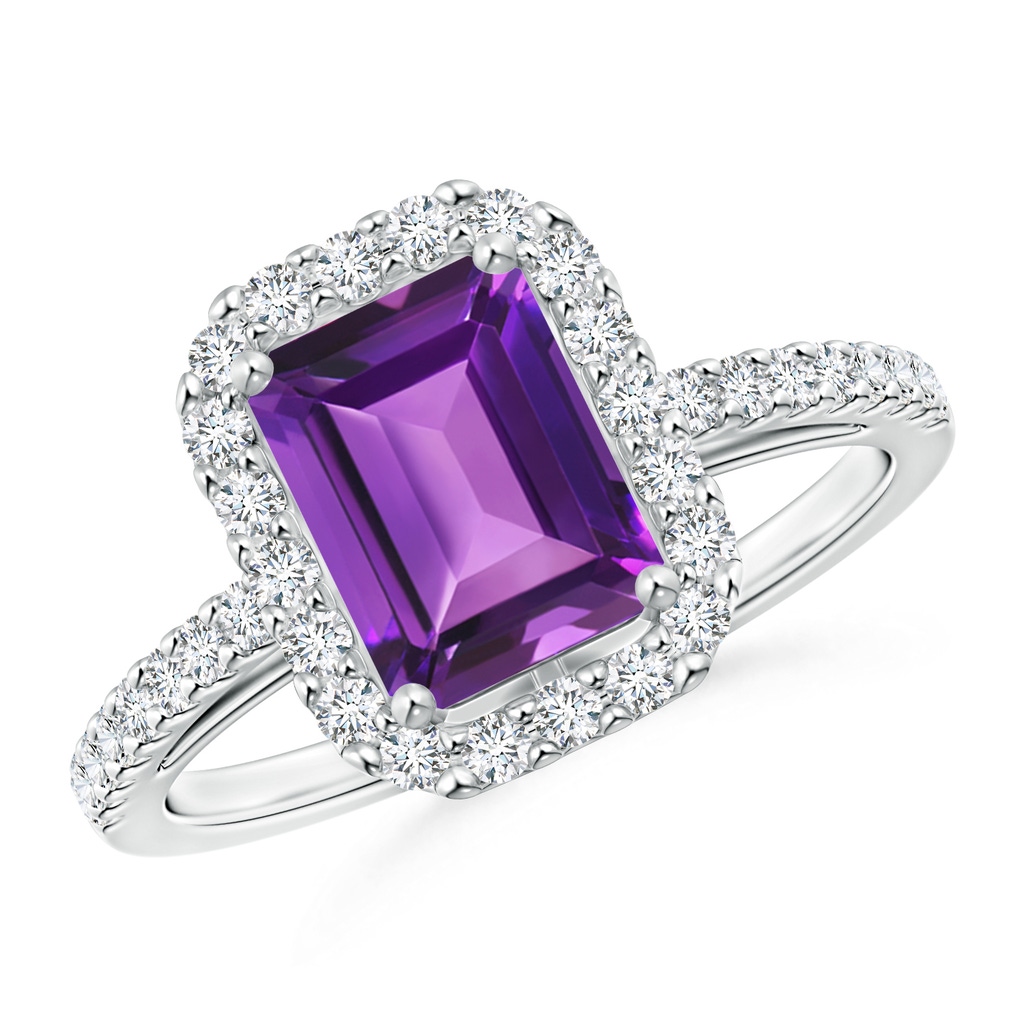 8x6mm AAAA Emerald-Cut Amethyst Halo Ring in White Gold