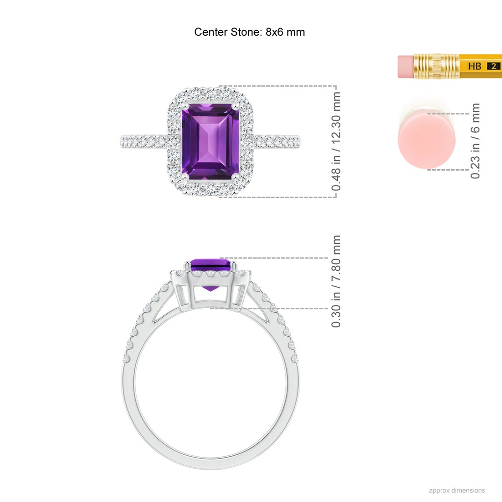 8x6mm AAAA Emerald-Cut Amethyst Halo Ring in White Gold Ruler