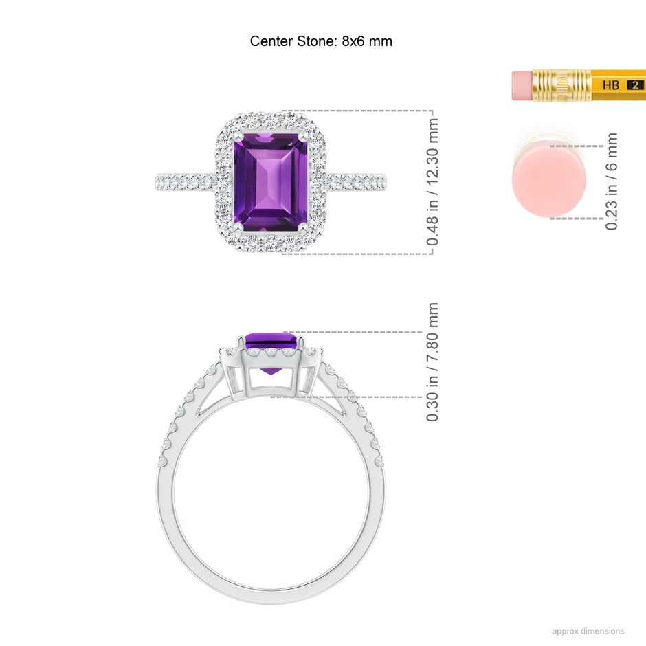 8x6mm AAAA Emerald-Cut Amethyst Halo Ring in White Gold ruler