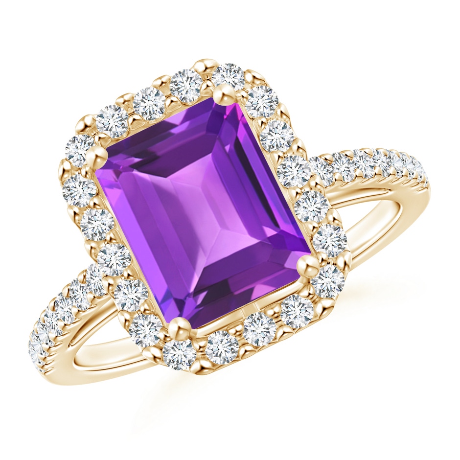 9x7mm AAA Emerald-Cut Amethyst Halo Ring in Yellow Gold 