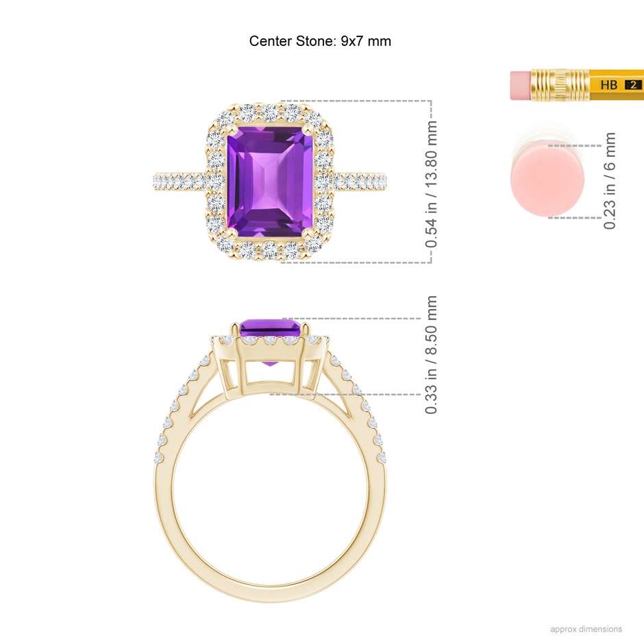 9x7mm AAA Emerald-Cut Amethyst Halo Ring in Yellow Gold ruler