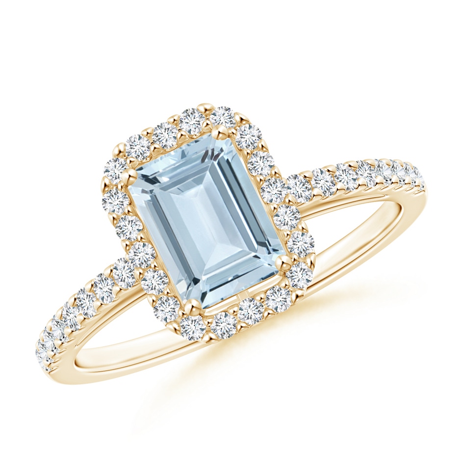 7x5mm A Vintage Inspired Emerald-Cut Aquamarine Halo Ring in Yellow Gold 