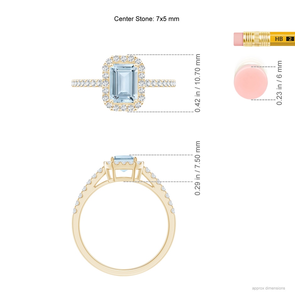 7x5mm A Vintage Inspired Emerald-Cut Aquamarine Halo Ring in Yellow Gold ruler