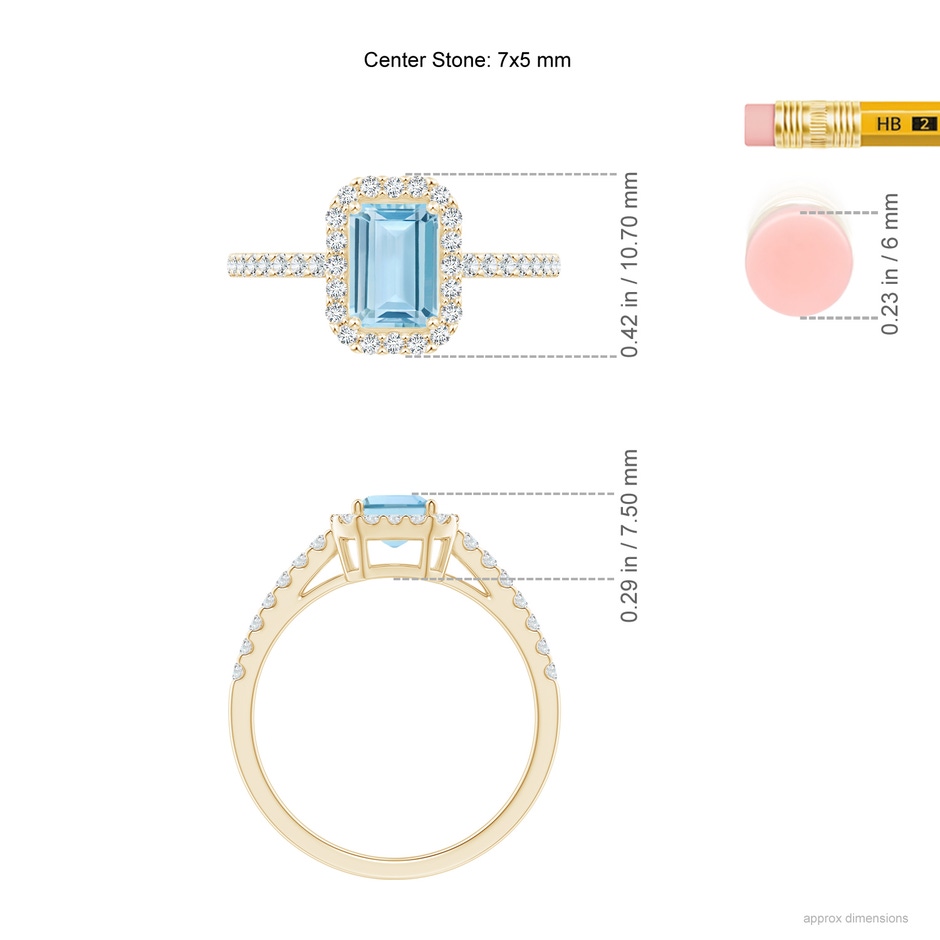 7x5mm AAA Vintage Inspired Emerald-Cut Aquamarine Halo Ring in Yellow Gold ruler