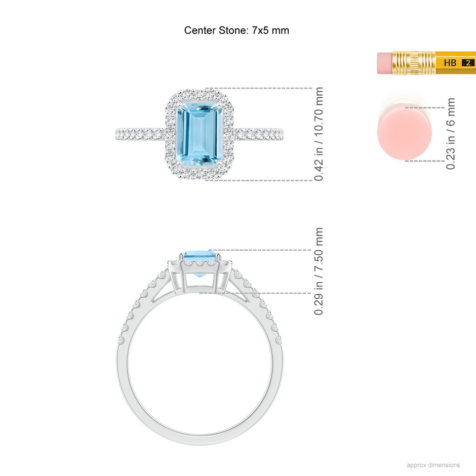 7x5mm AAAA Vintage Inspired Emerald-Cut Aquamarine Halo Ring in White Gold ruler