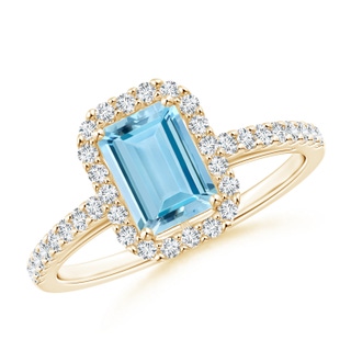 7x5mm AAAA Vintage Inspired Emerald-Cut Aquamarine Halo Ring in Yellow Gold