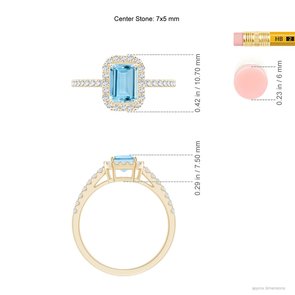 7x5mm AAAA Vintage Inspired Emerald-Cut Aquamarine Halo Ring in Yellow Gold ruler