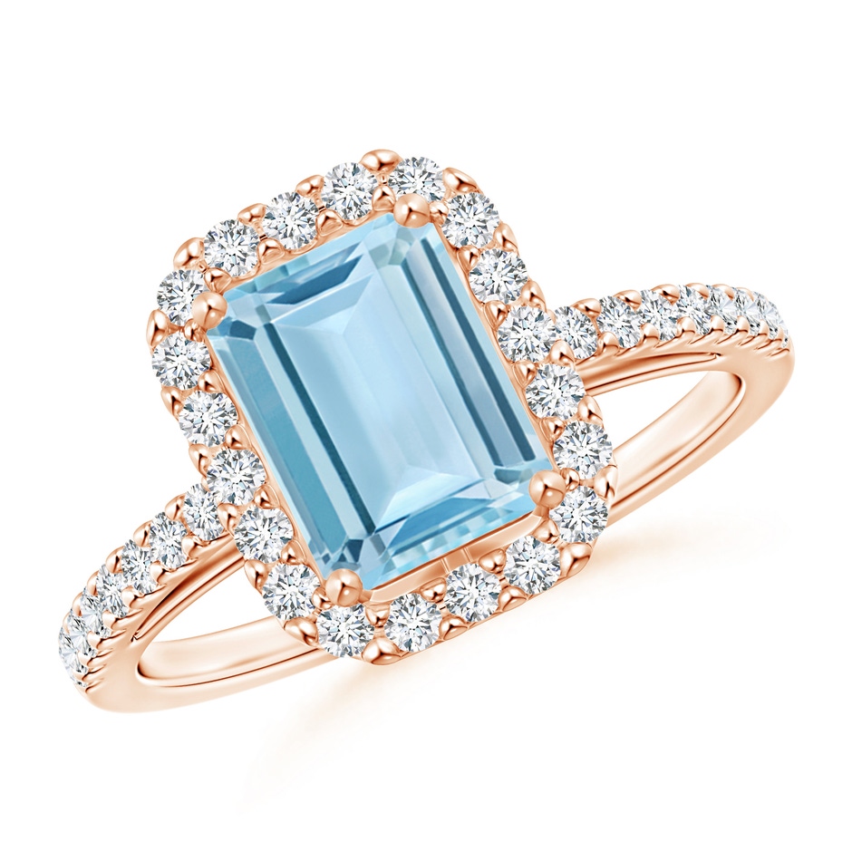 8x6mm AAA Vintage Inspired Emerald-Cut Aquamarine Halo Ring in Rose Gold 