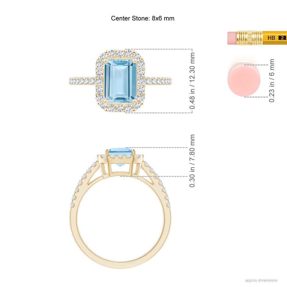 8x6mm AAA Vintage Inspired Emerald-Cut Aquamarine Halo Ring in Yellow Gold ruler