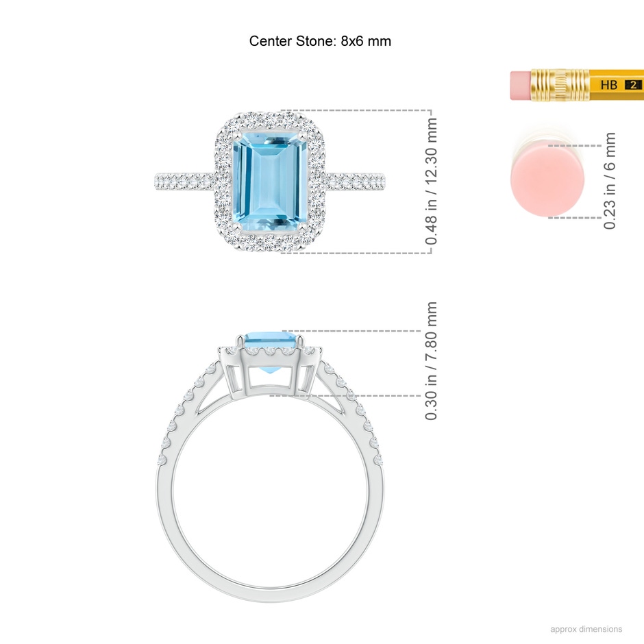 8x6mm AAAA Vintage Inspired Emerald-Cut Aquamarine Halo Ring in White Gold ruler