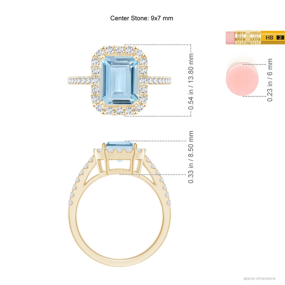 9x7mm AA Vintage Inspired Emerald-Cut Aquamarine Halo Ring in Yellow Gold ruler