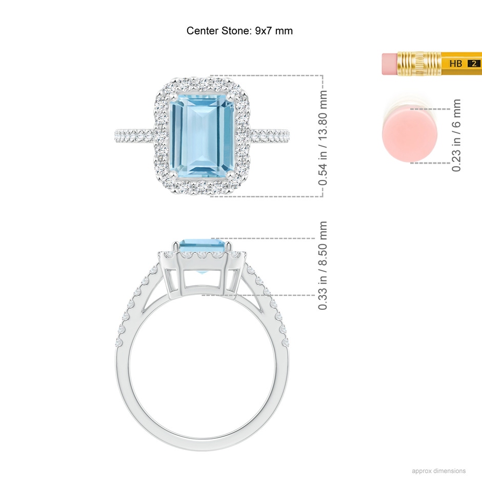 9x7mm AAA Vintage Inspired Emerald-Cut Aquamarine Halo Ring in White Gold ruler