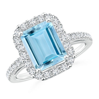 9x7mm AAAA Vintage Inspired Emerald-Cut Aquamarine Halo Ring in P950 Platinum