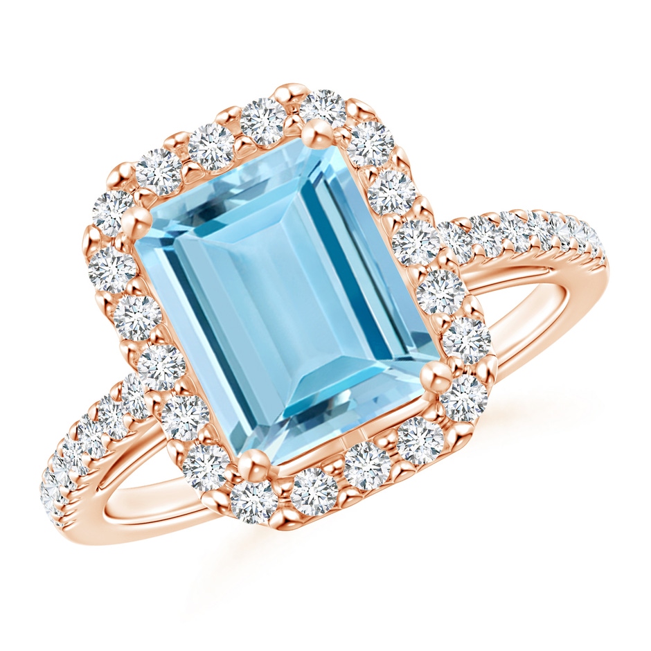 9x7mm AAAA Vintage Inspired Emerald-Cut Aquamarine Halo Ring in Rose Gold 