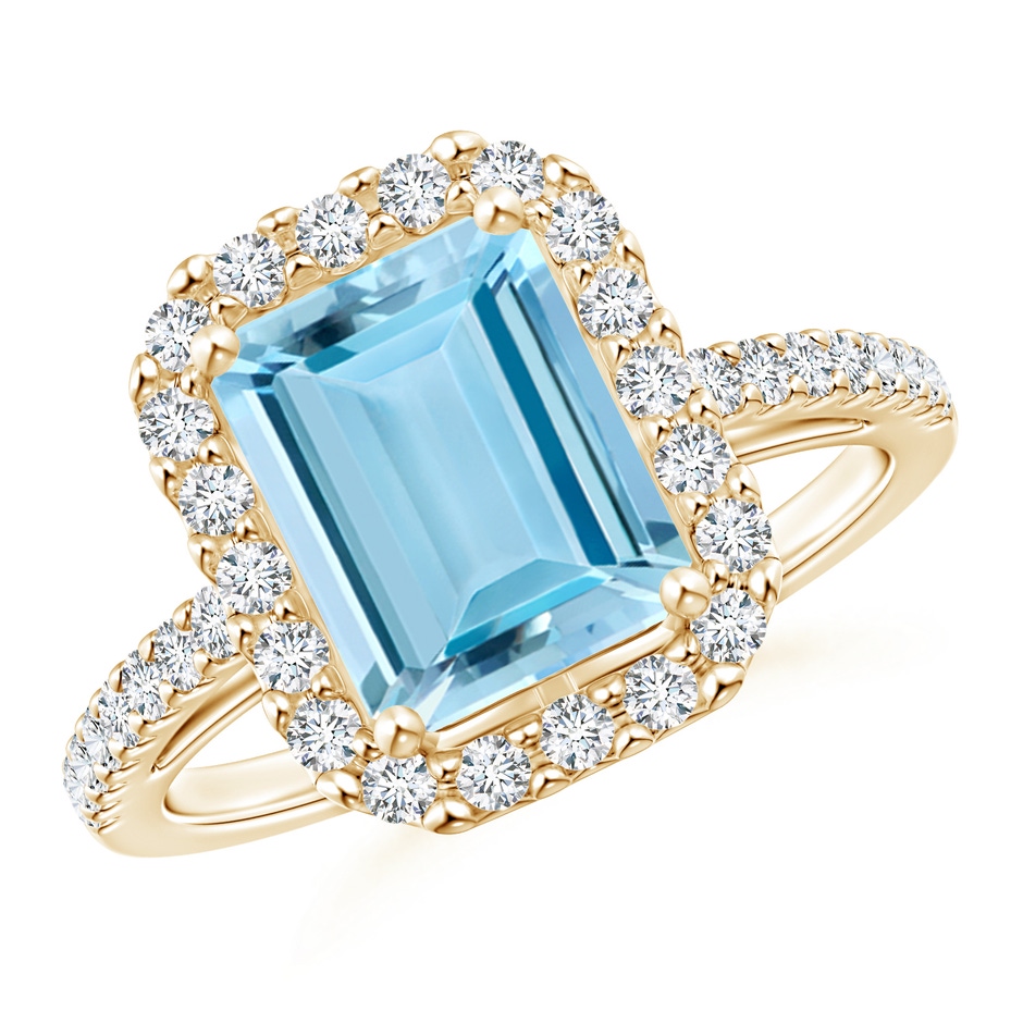 9x7mm AAAA Vintage Inspired Emerald-Cut Aquamarine Halo Ring in Yellow Gold 