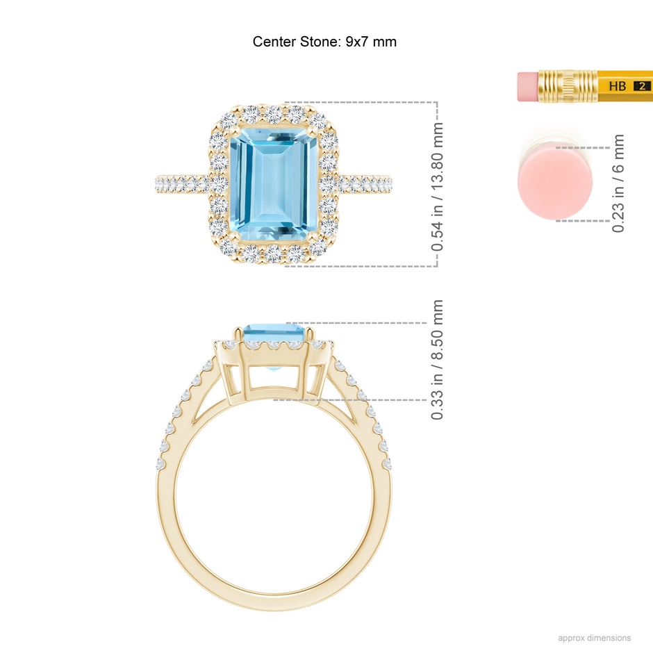9x7mm AAAA Vintage Inspired Emerald-Cut Aquamarine Halo Ring in Yellow Gold ruler