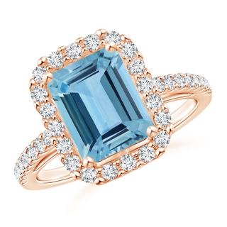 10.15x8.13x4.77mm AAAA Emerald-Cut Aquamarine Halo Ring in 18K Rose Gold