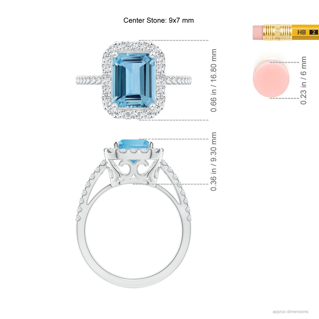 10.15x8.13x4.77mm AAAA Emerald-Cut Aquamarine Halo Ring in White Gold ruler