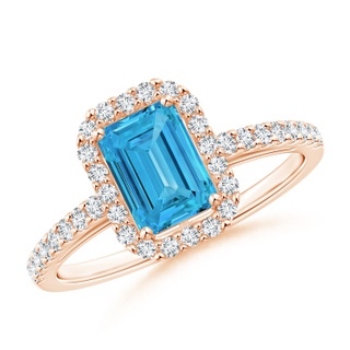 5x3mm AAAA Emerald-Cut Fancy Intense Blue Diamond Halo Ring in 18K Rose Gold