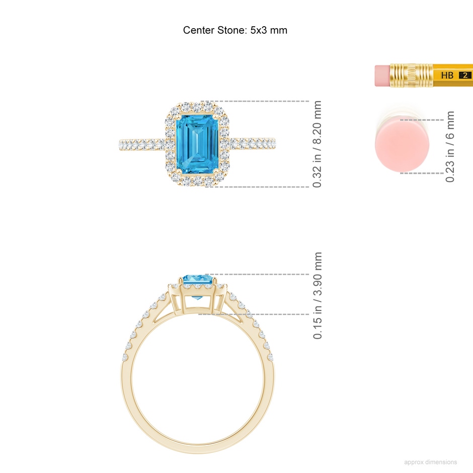 5x3mm AAAA Emerald-Cut Fancy Intense Blue Diamond Halo Ring in Yellow Gold ruler