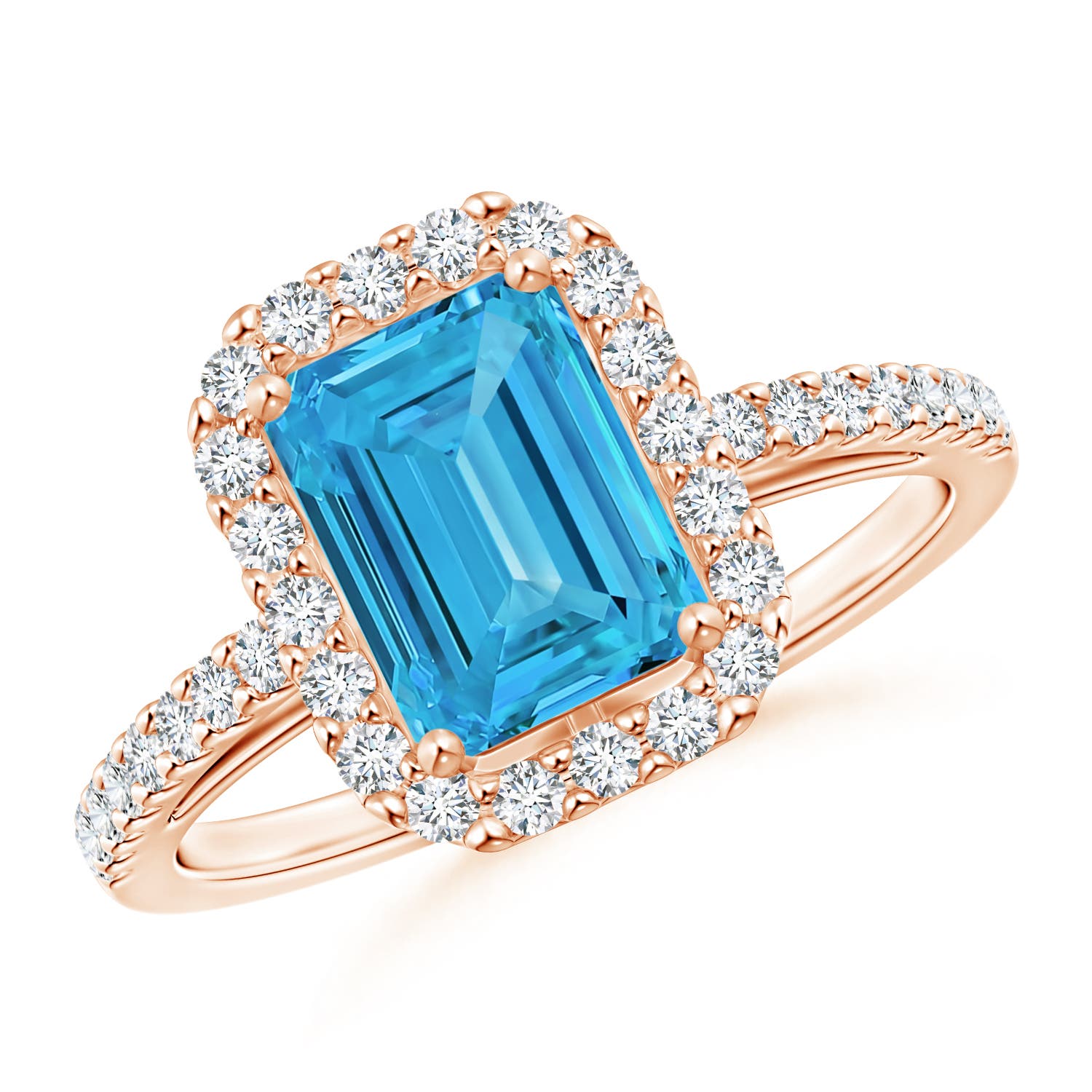 Angara 0.98 CTW Prong-Set Emerald-Cut Fancy Intense Blue Diamond Halo Engagement Ring in 18K Rose Gold