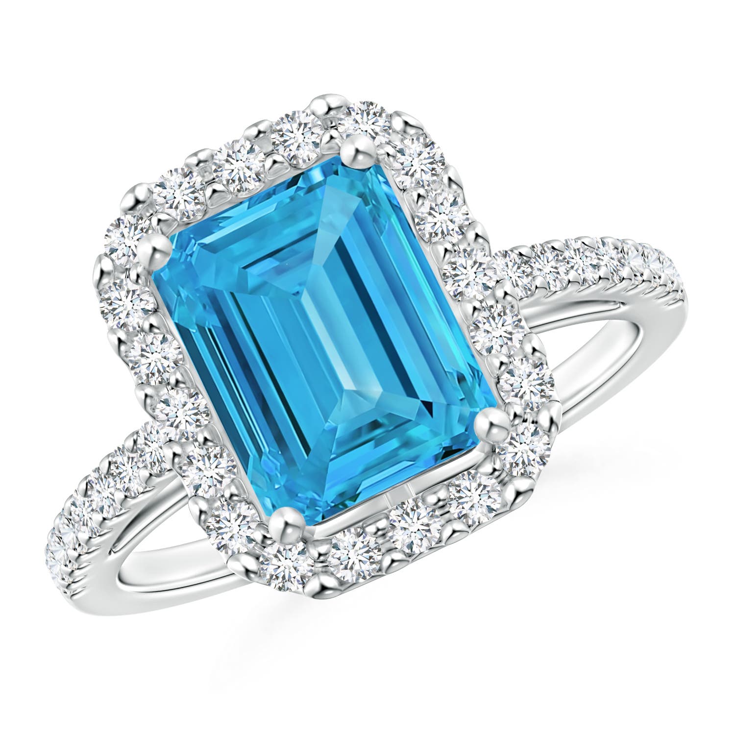 Angara 1.51 CTW Prong-Set Emerald-Cut Fancy Intense Blue Diamond Halo Engagement Ring in 18K White Gold