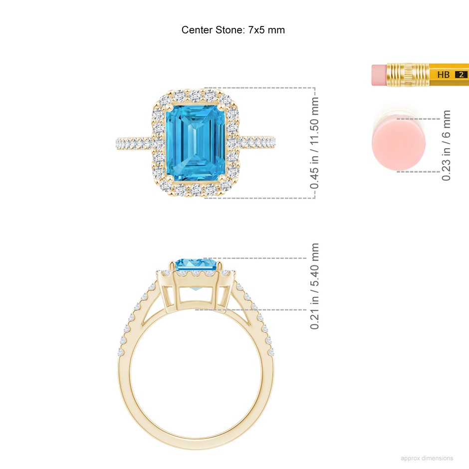 7x5mm AAAA Emerald-Cut Fancy Intense Blue Diamond Halo Ring in Yellow Gold ruler