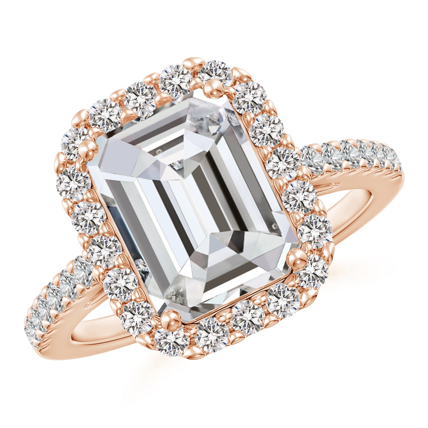 10x7.5mm IJI1I2 Emerald-Cut Diamond Halo Ring in Rose Gold
