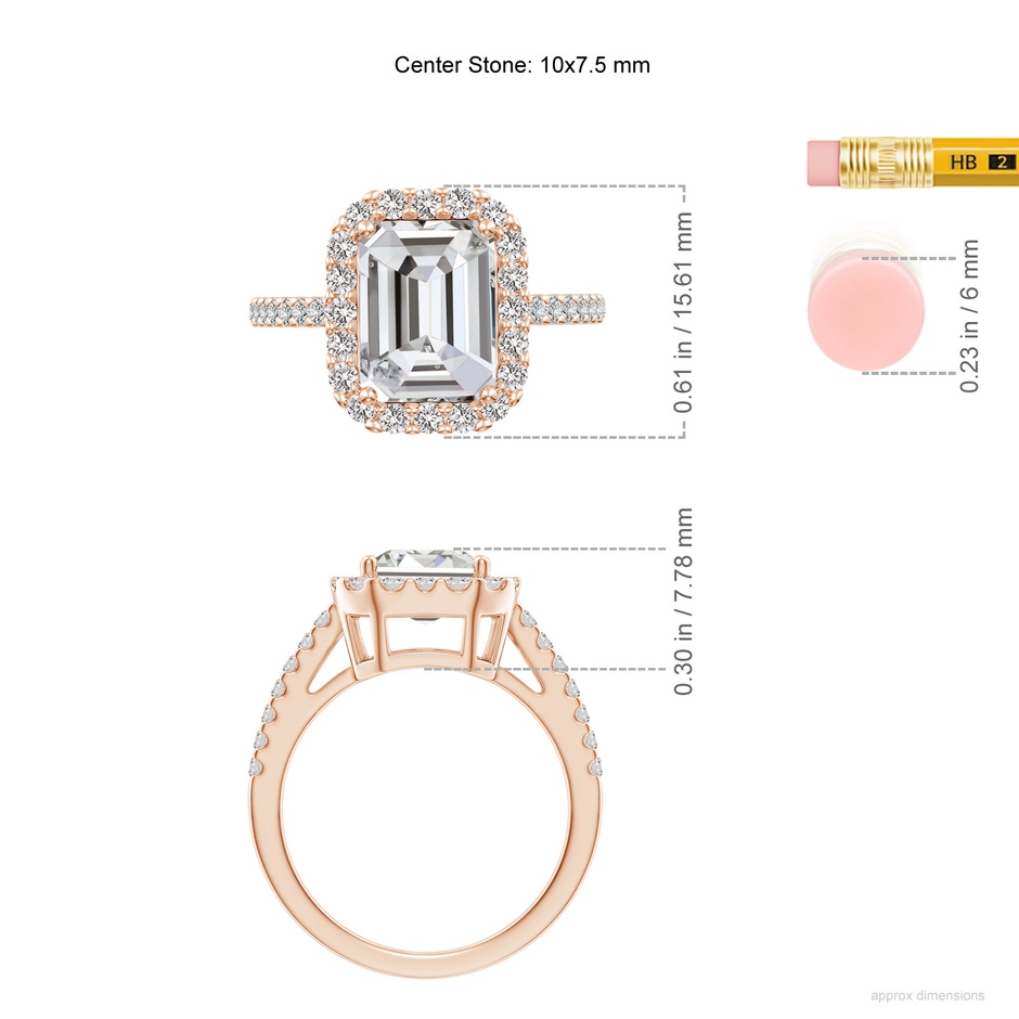 10x7.5mm IJI1I2 Emerald-Cut Diamond Halo Ring in Rose Gold ruler