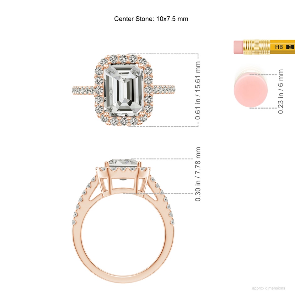 10x7.5mm KI3 Emerald-Cut Diamond Halo Ring in Rose Gold ruler