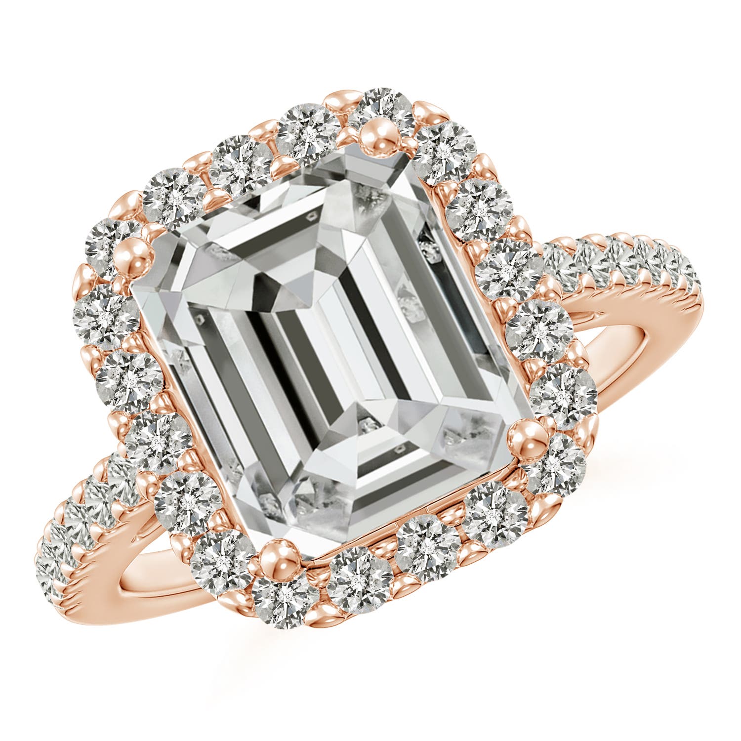 Angara 4.67 CTW Prong-Set Emerald-Cut Diamond Halo Engagement Ring in 14K Rose Gold