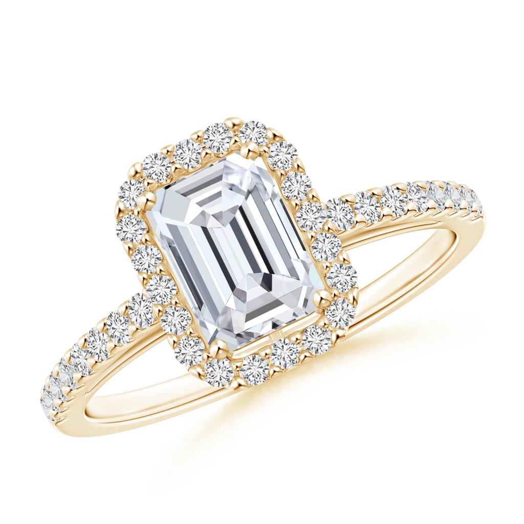5x3mm HSI2 Emerald-Cut Diamond Halo Ring in Yellow Gold