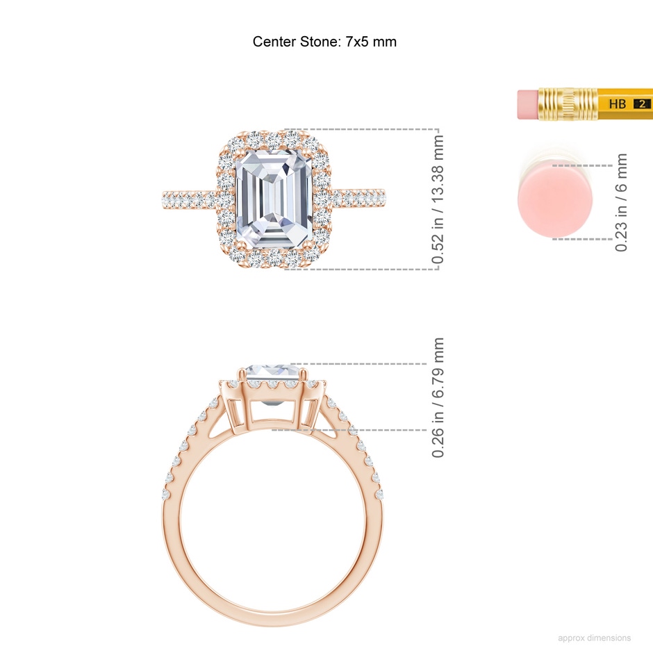 7x5mm GVS2 Emerald-Cut Diamond Halo Ring in Rose Gold ruler