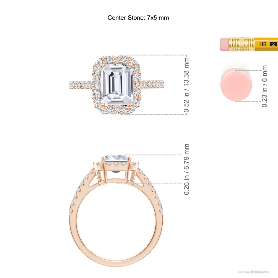 7x5mm HSI2 Emerald-Cut Diamond Halo Ring in Rose Gold ruler