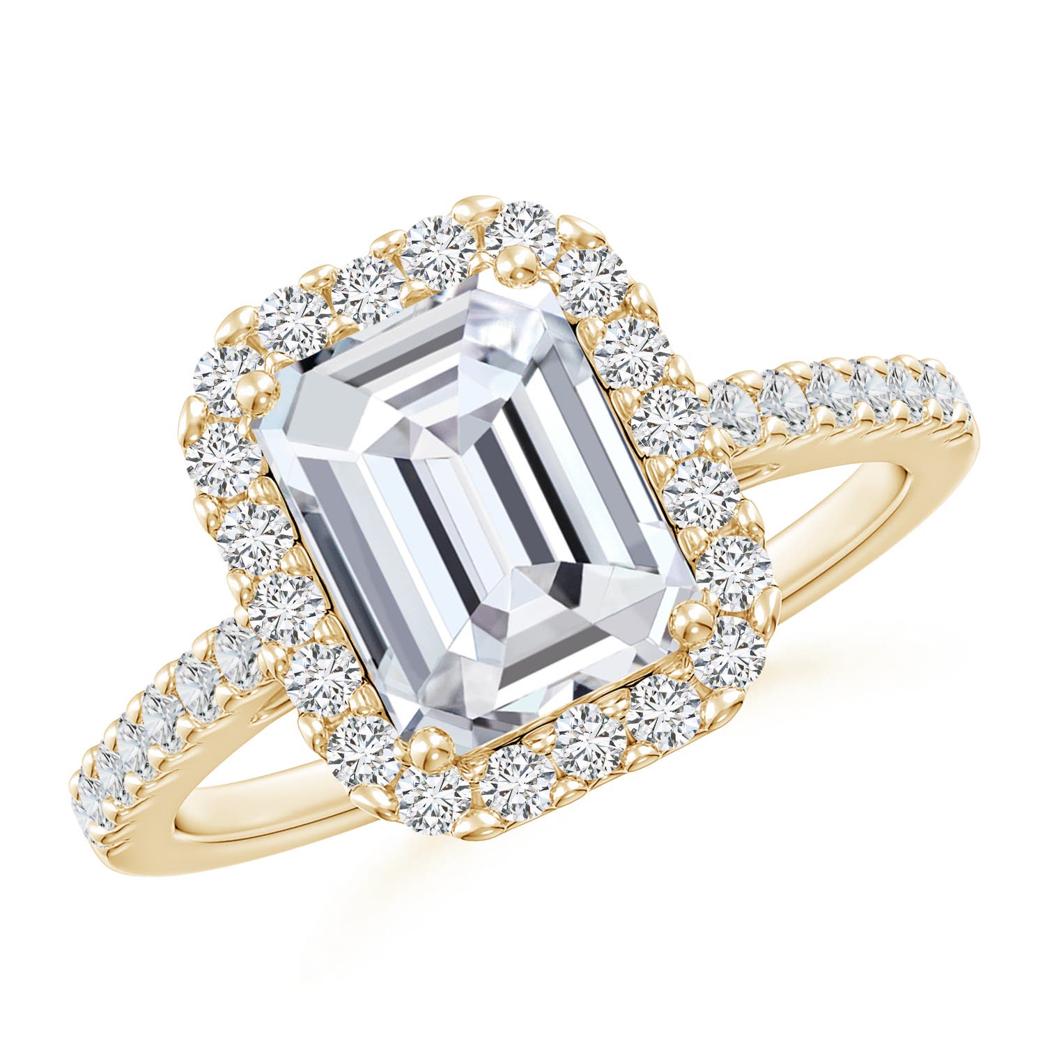 7x5mm HSI2 Emerald-Cut Diamond Halo Ring in Yellow Gold