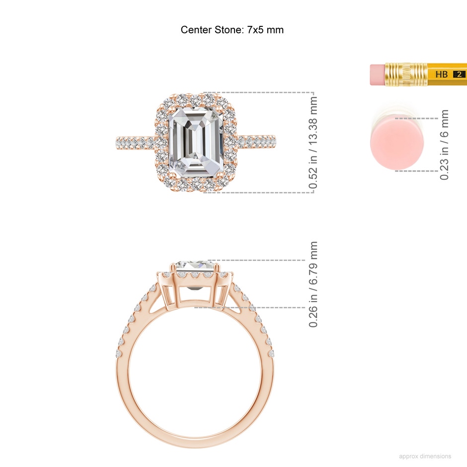 7x5mm IJI1I2 Emerald-Cut Diamond Halo Ring in Rose Gold ruler