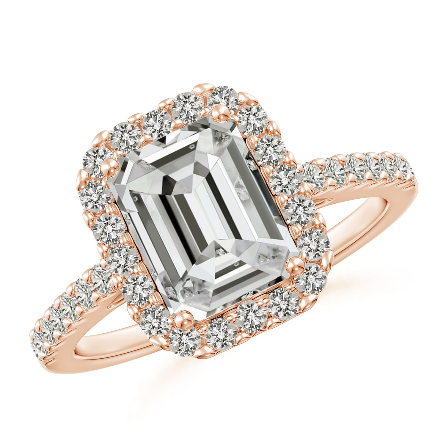 7x5mm KI3 Emerald-Cut Diamond Halo Ring in Rose Gold
