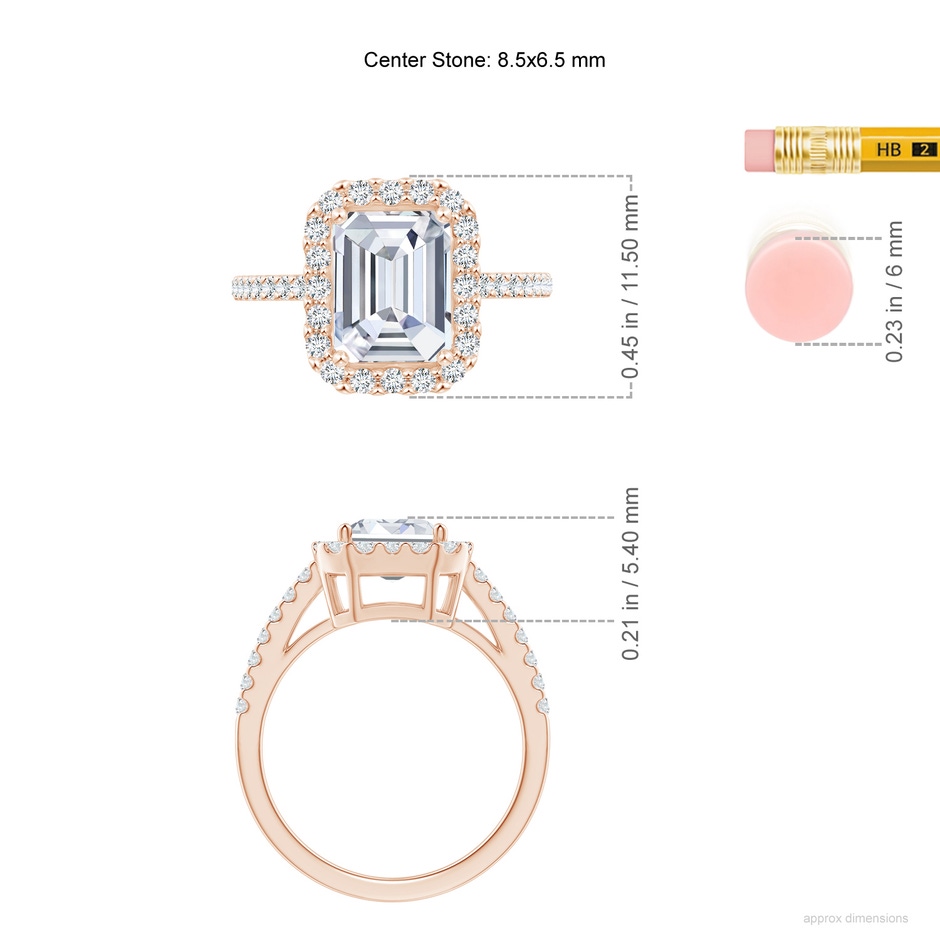 8.5x6.5mm GVS2 Emerald-Cut Diamond Halo Ring in Rose Gold ruler