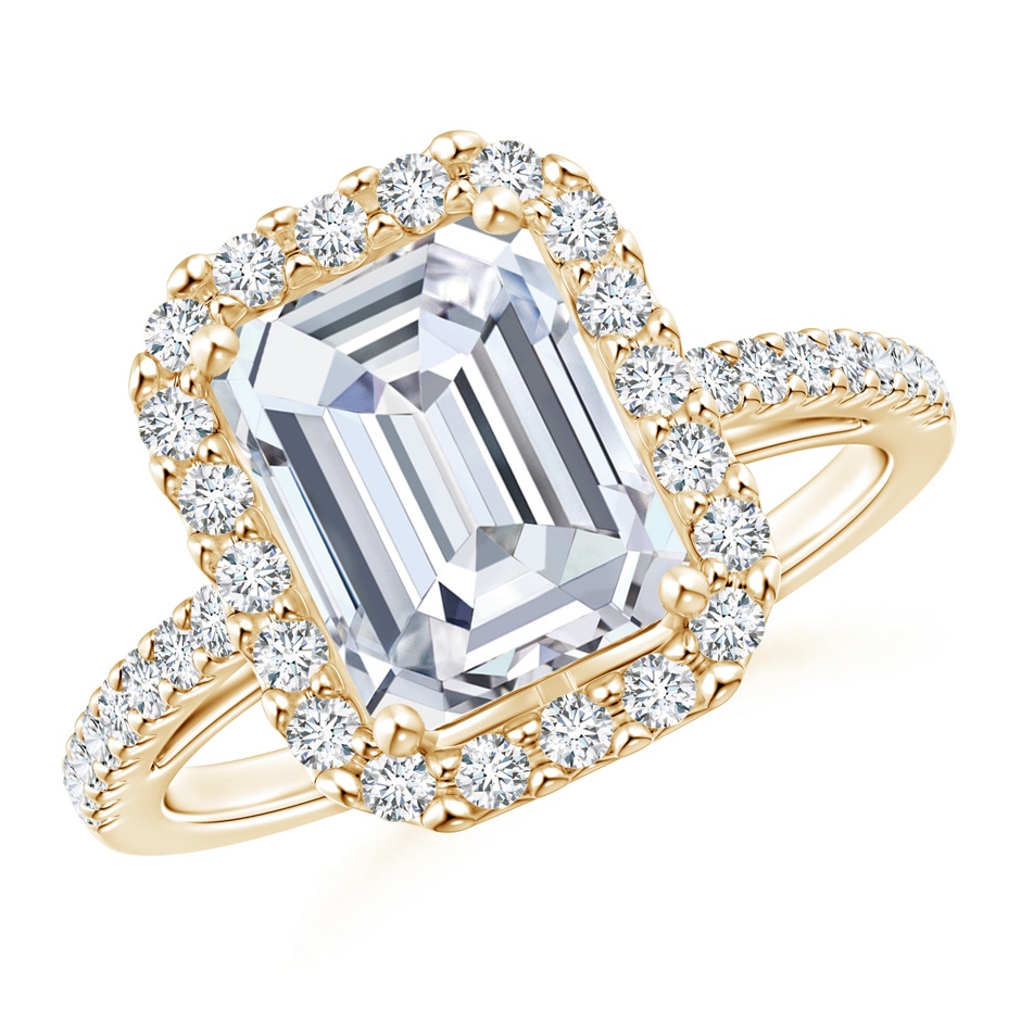 8.5x6.5mm GVS2 Emerald-Cut Diamond Halo Ring in Yellow Gold 