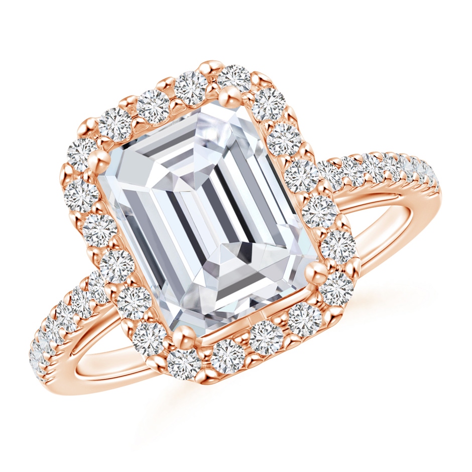 8.5x6.5mm HSI2 Emerald-Cut Diamond Halo Ring in Rose Gold 