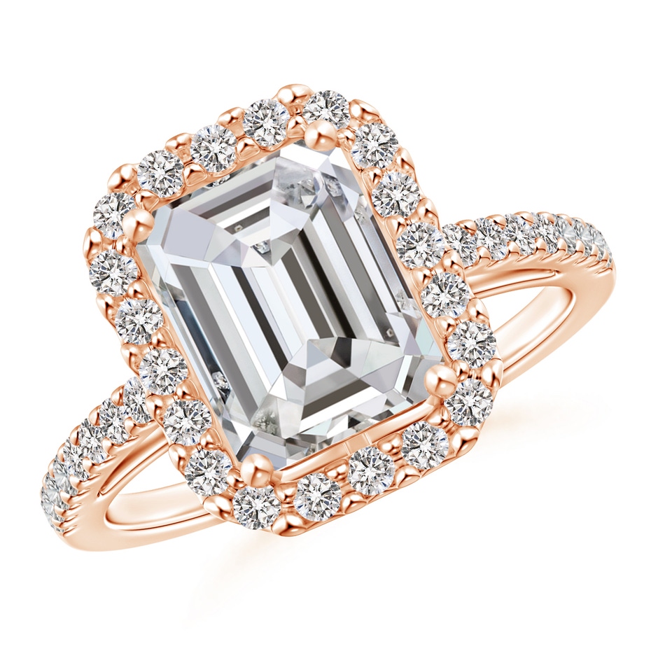 8.5x6.5mm IJI1I2 Emerald-Cut Diamond Halo Ring in Rose Gold 