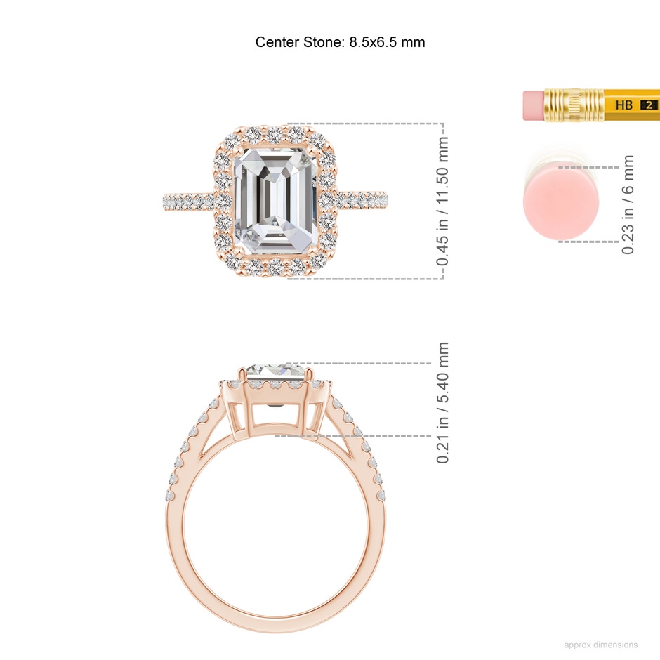 8.5x6.5mm IJI1I2 Emerald-Cut Diamond Halo Ring in Rose Gold ruler