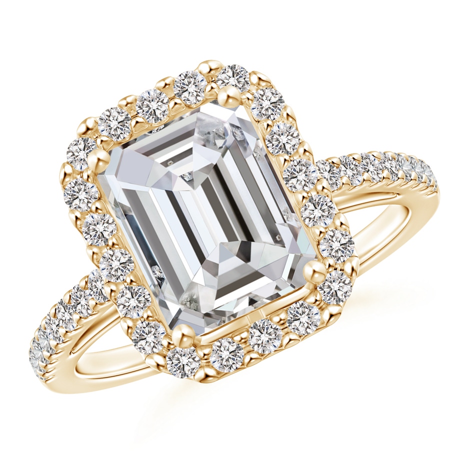 8.5x6.5mm IJI1I2 Emerald-Cut Diamond Halo Ring in Yellow Gold 