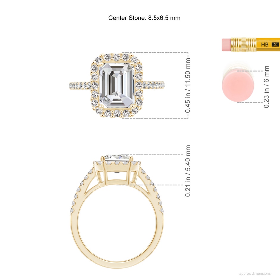 8.5x6.5mm IJI1I2 Emerald-Cut Diamond Halo Ring in Yellow Gold ruler