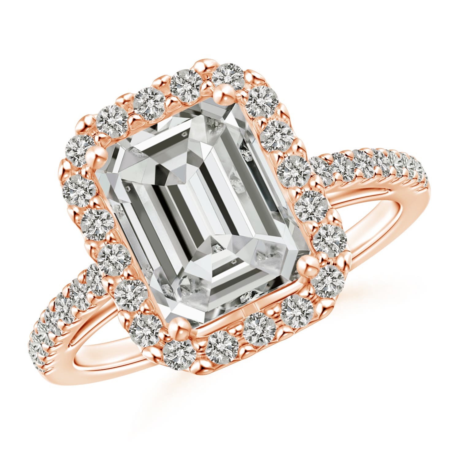 8.5x6.5mm KI3 Emerald-Cut Diamond Halo Ring in Rose Gold