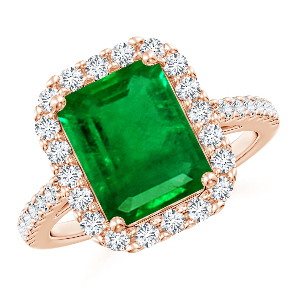 10x8mm AAAA Emerald-Cut Emerald Halo Ring in Rose Gold